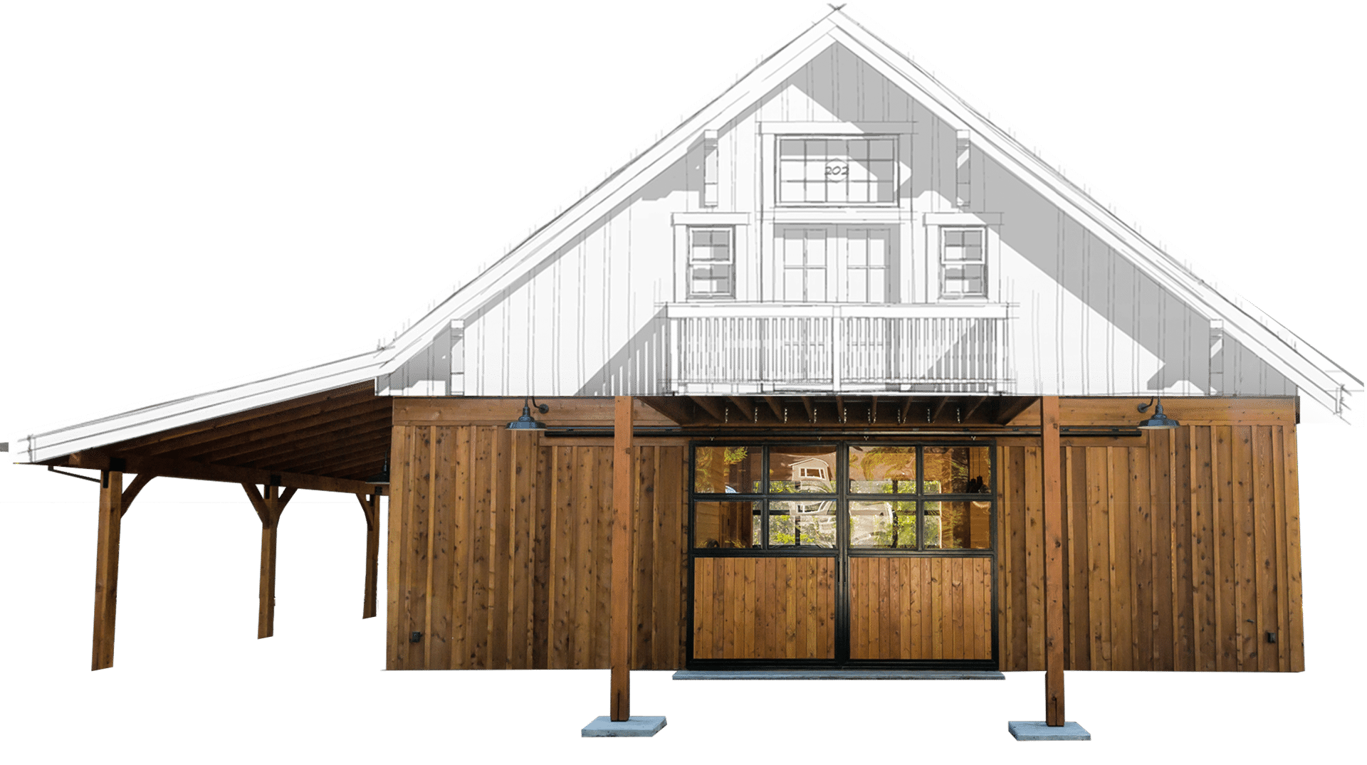 Front view of a rustic barn-style building with wooden siding and a pitched roof. It features large sliding doors with glass panels and a covered side extension. The building is white and brown with a balcony above the doors.