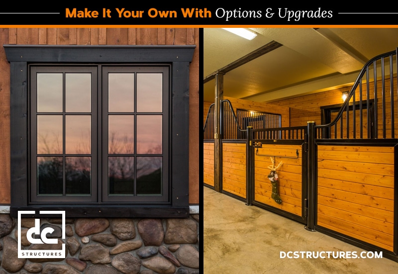 A split image features a building with stone and wood elements on the left, showcasing a window with a sunset reflection. On the right, view inside a stable with wooden stalls and black metal railings. Text: "Personalized Kits: Make It Your Own With Options & Upgrades.