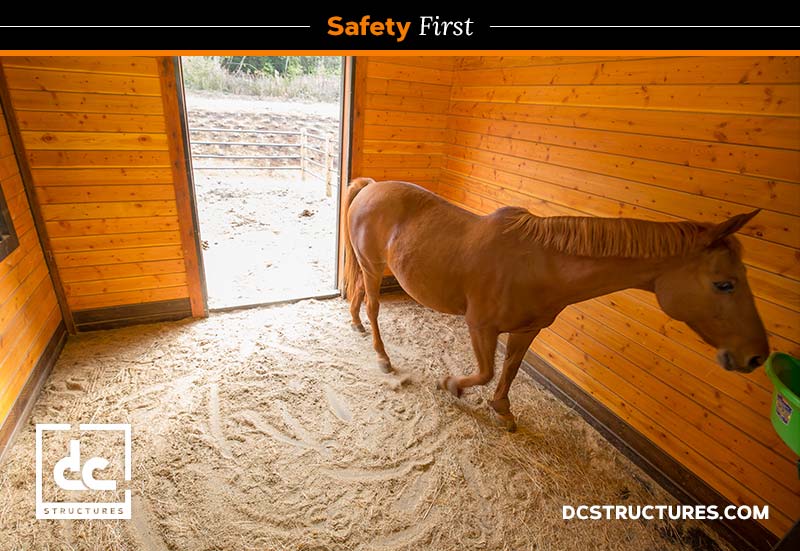 In a wooden horse barn, a majestic horse stands as the open door reveals the world outside. The stable floor is sandy, and a green bucket hangs on the wall. Emphasizing horse barn safety, the caption reads "Safety First," with "DCSTRUCTURES.COM" at the bottom.