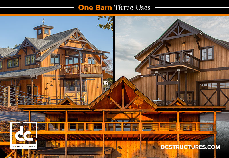 A split image reveals a large apartment barn offering two views: one side highlights a cozy residential area, while the other showcases a functional, spacious barn with large doors. The text reads "One Barn, Three Uses.