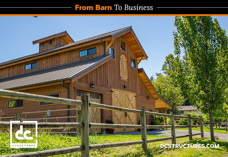 A rustic wooden barn with large doors and a steep metal roof, surrounded by a wooden fence and lush greenery under a clear blue sky. Showcasing "From Barn to Business," it embodies the charm of barn workshop kits, blending functionality with timeless design.