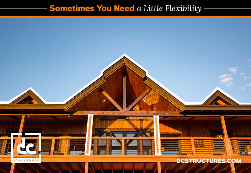 A wooden building with a triangular roof and large balcony is shown against a clear blue sky. The text reads, "Sometimes You Need a Little Flexibility." The logo in the corner says "DC Structures," specializing in customizable cabin kits.