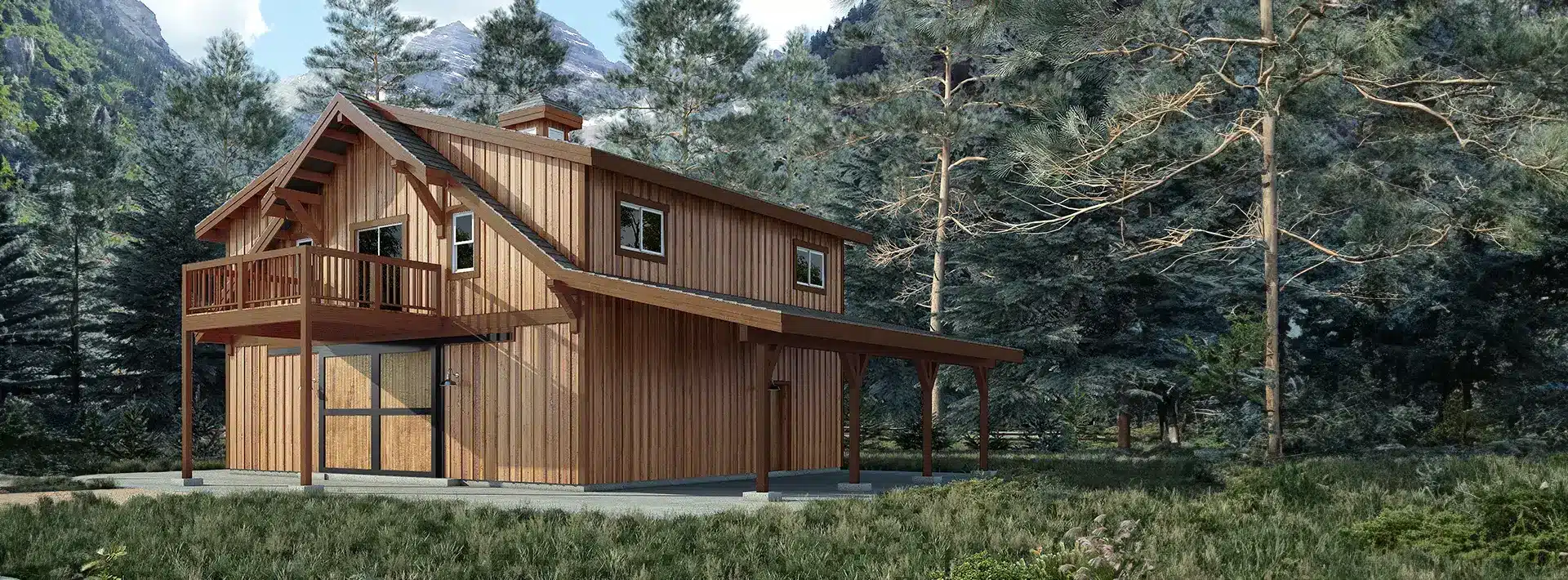 A wooden cabin with a balcony and slanted roof sits among tall pine trees and mountains, surrounded by grass and forest.