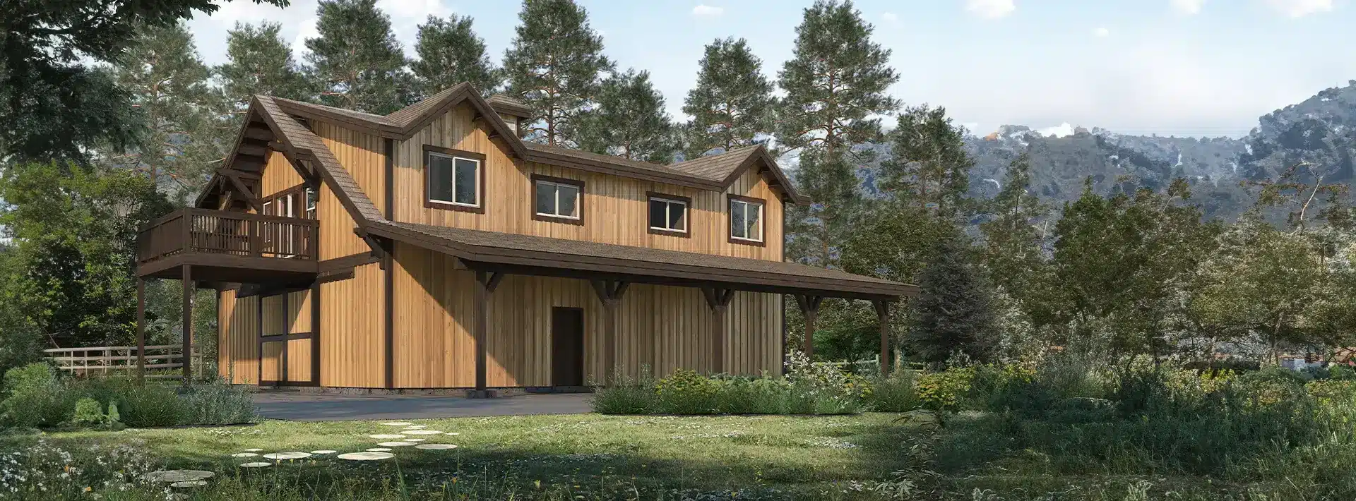 A wooden house with a steep roof and spacious balcony stands among trees and greenery, mountains in the background under clouds.
