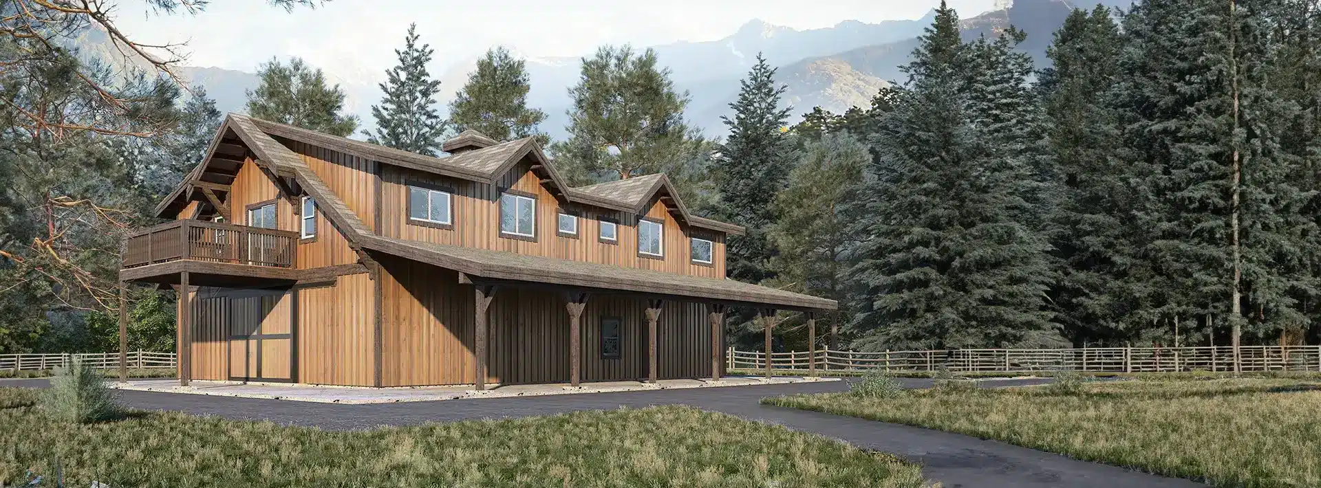 A large wooden barn-style house with rustic architecture stands among tall pines and mountains, surrounded by grass and a fence.