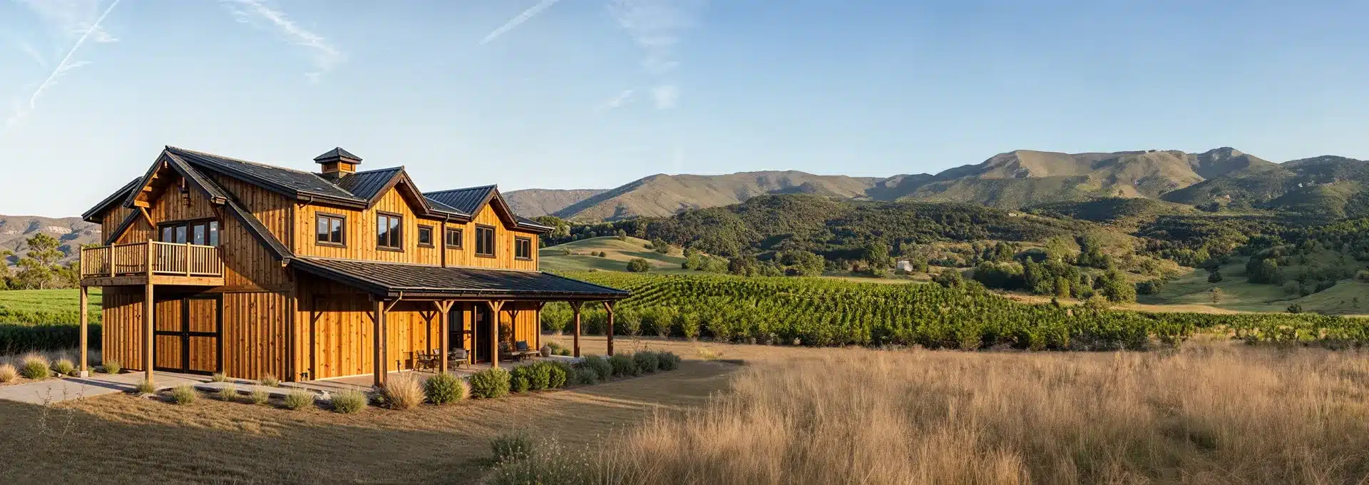A rustic wooden house with a balcony and large porch stands in a grassy field, surrounded by hills and mountains under a blue sky.