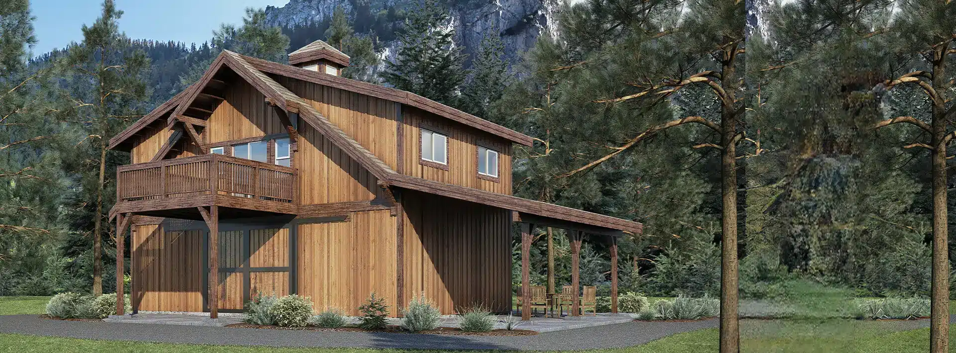 The Oakridge custom home kit by DC Structures. A rustic two-story wooden cabin with a balcony and covered porch, surrounded by pine trees and mountains in the background.