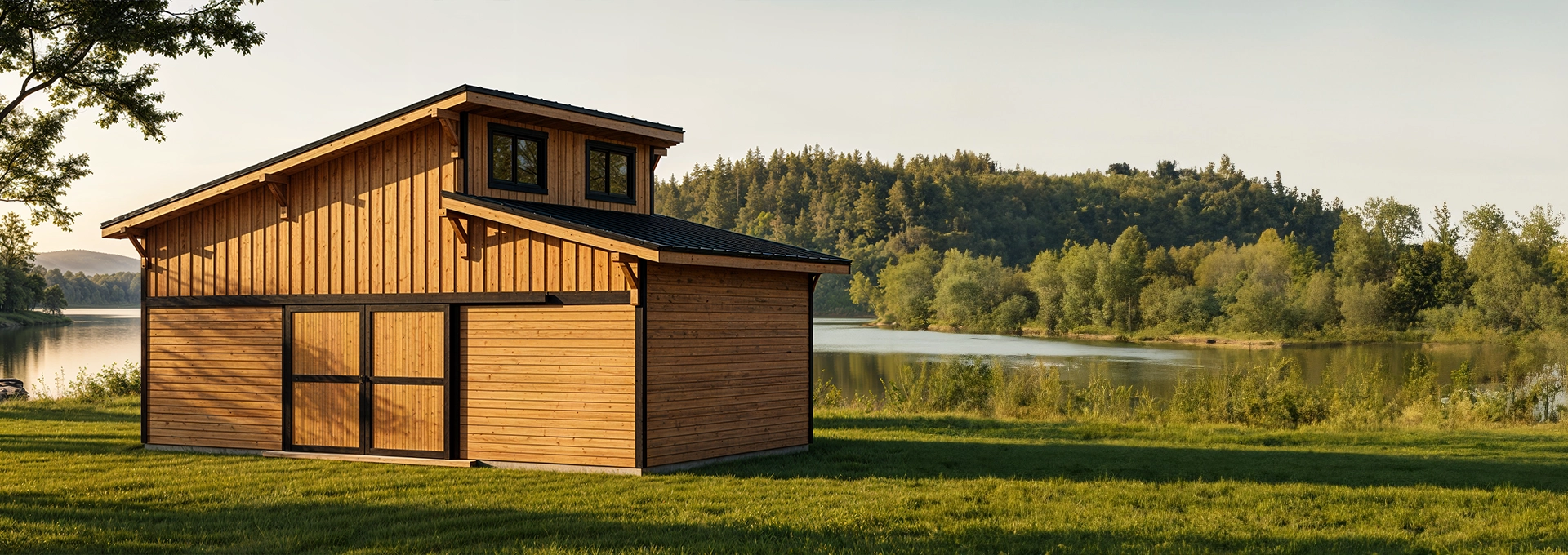 A modern wooden barn with a slanted roof stands on green grass by a calm lake, surrounded by trees and distant forested hills.