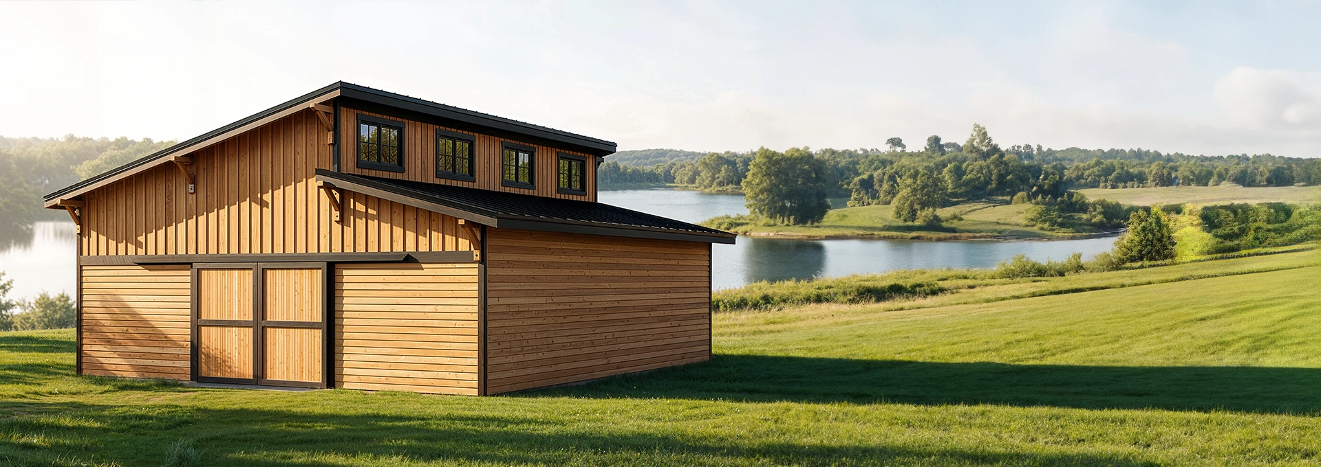A modern wooden barn with large windows stands on a grassy hill by a calm lake, surrounded by trees and rolling hills under a clear sky.