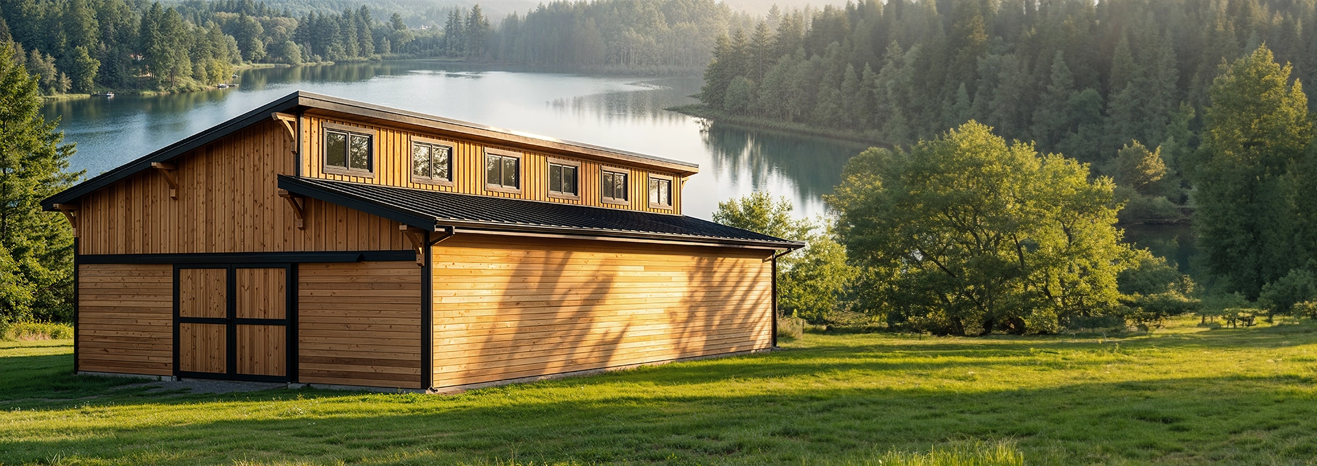 A wooden barn with large windows stands on a grassy field by a calm lake, surrounded by dense forest and hills in soft sunlight.