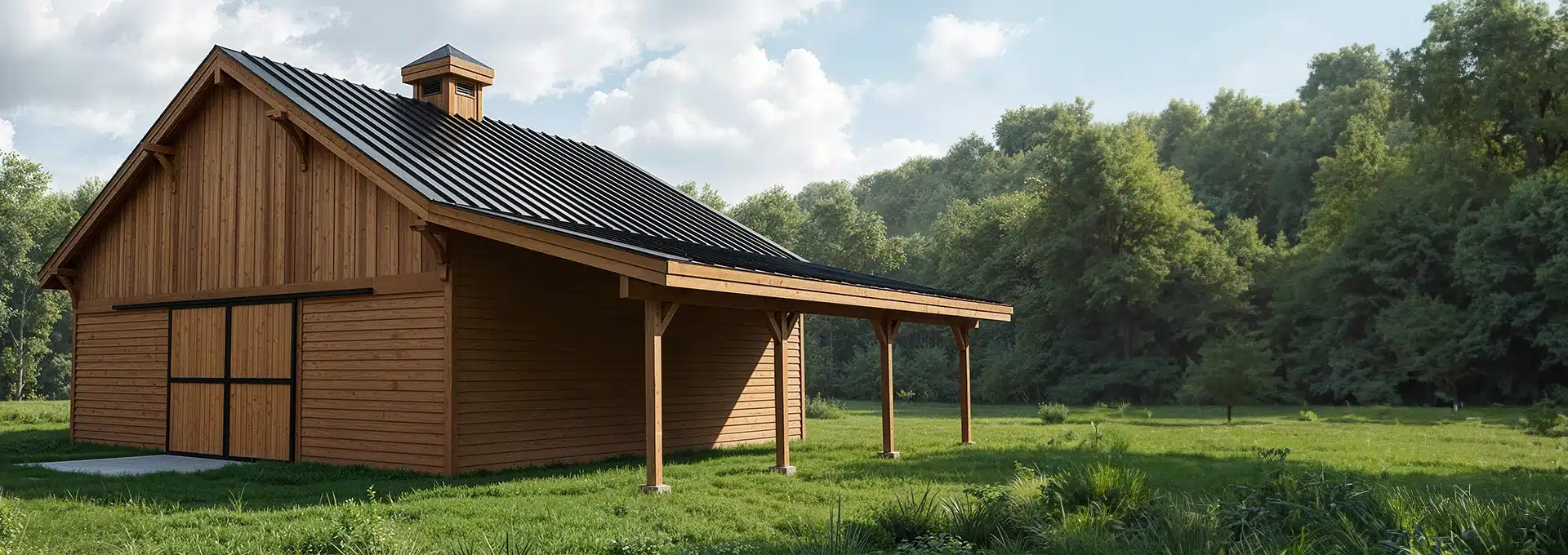 A wooden barn with a black metal roof stands on a grassy field, surrounded by trees and greenery under a partly cloudy sky.