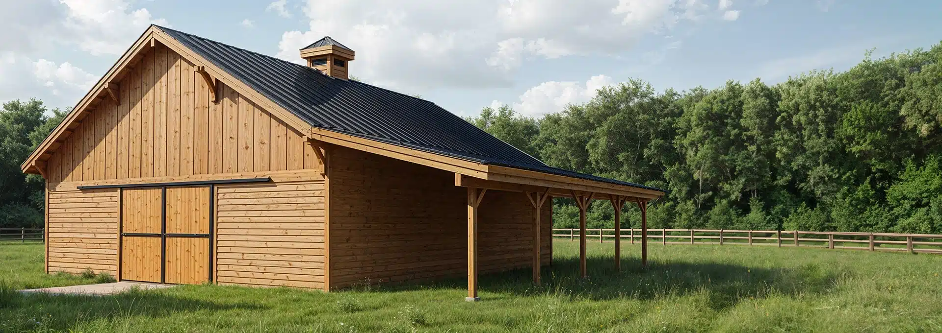 A wooden barn with a black metal roof stands on a grassy field, surrounded by a wooden fence and dense green trees under a partly cloudy sky.