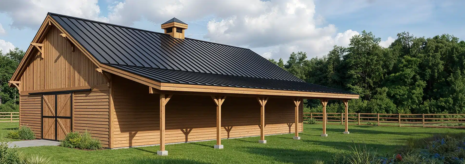 A wooden barn with a black metal roof stands on a grassy lawn, bordered by a wooden fence and surrounded by trees under a partly cloudy sky.