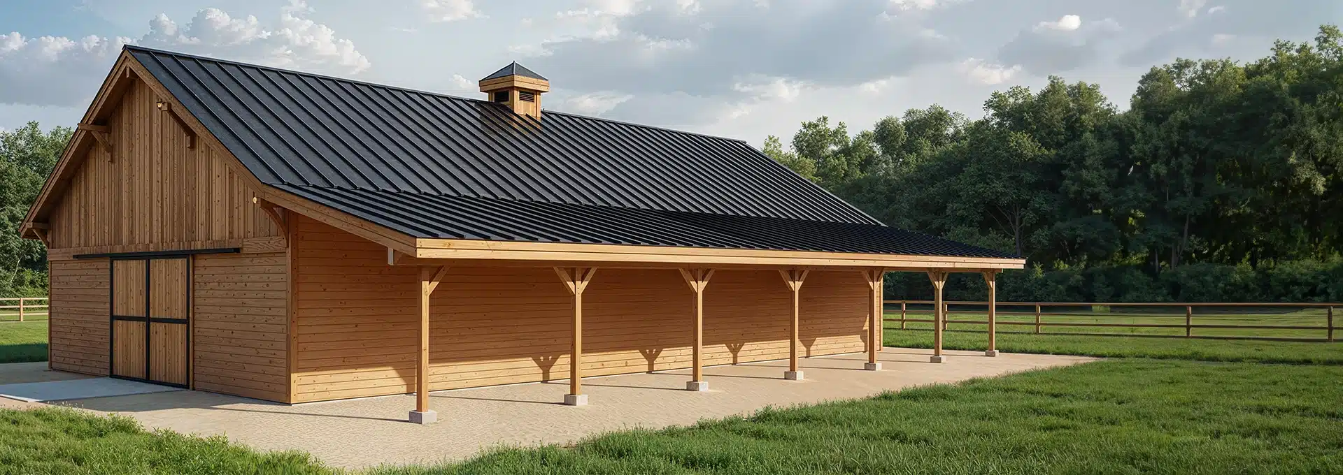 A wooden barn with a black metal roof and covered porch, surrounded by grass and trees, stands under a partly cloudy sky.