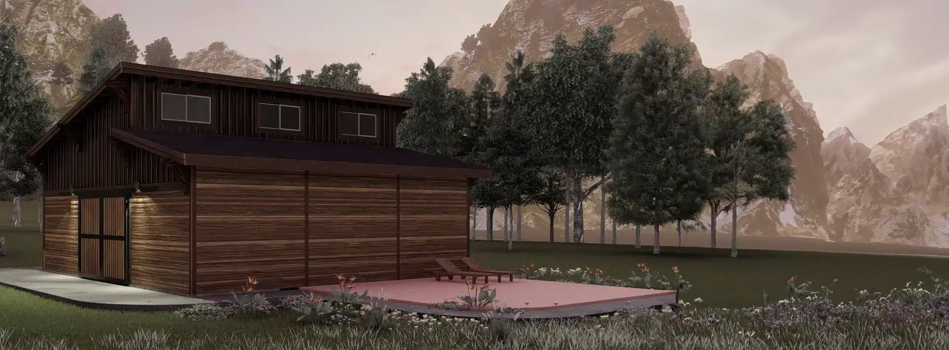 A modern wooden house with large windows sits beside a pink patio and lounge chairs, with trees, flowers, and mountains behind.