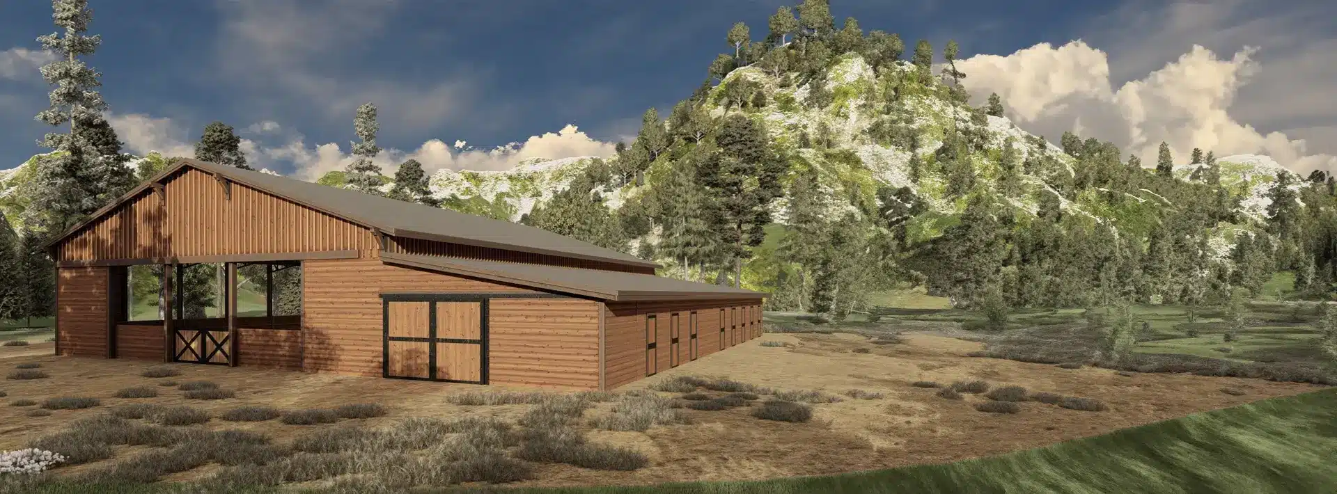 A wooden barn with large doors sits on dry, patchy ground among sparse shrubs, with a green hill and partly cloudy sky behind it.