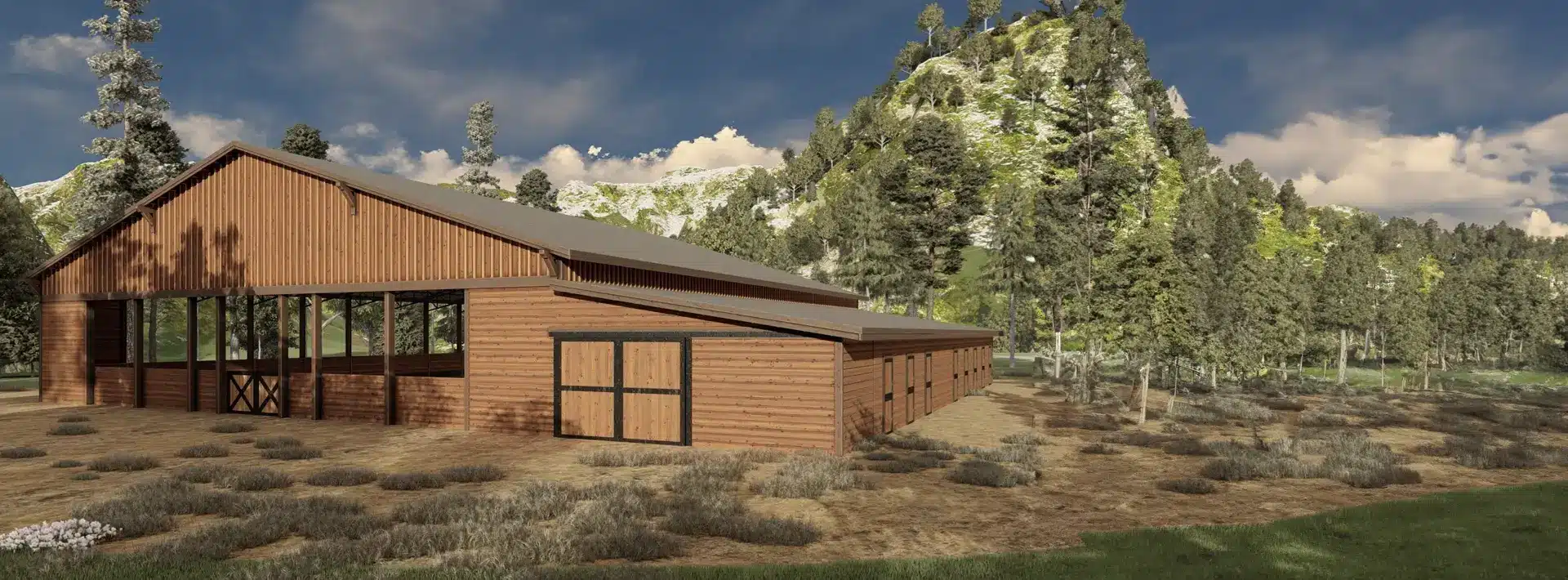 A large wooden barn with multiple doors stands on dry, grassy land surrounded by trees and rocky hills under a partly cloudy sky.