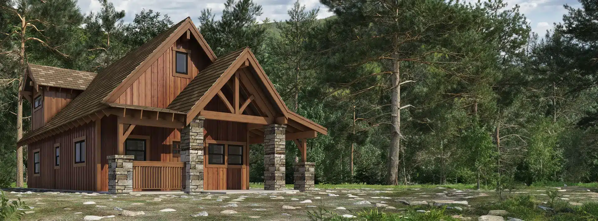 A wooden cabin with stone columns sits on a grassy clearing surrounded by tall pine trees and dense forest under a partly cloudy sky.
