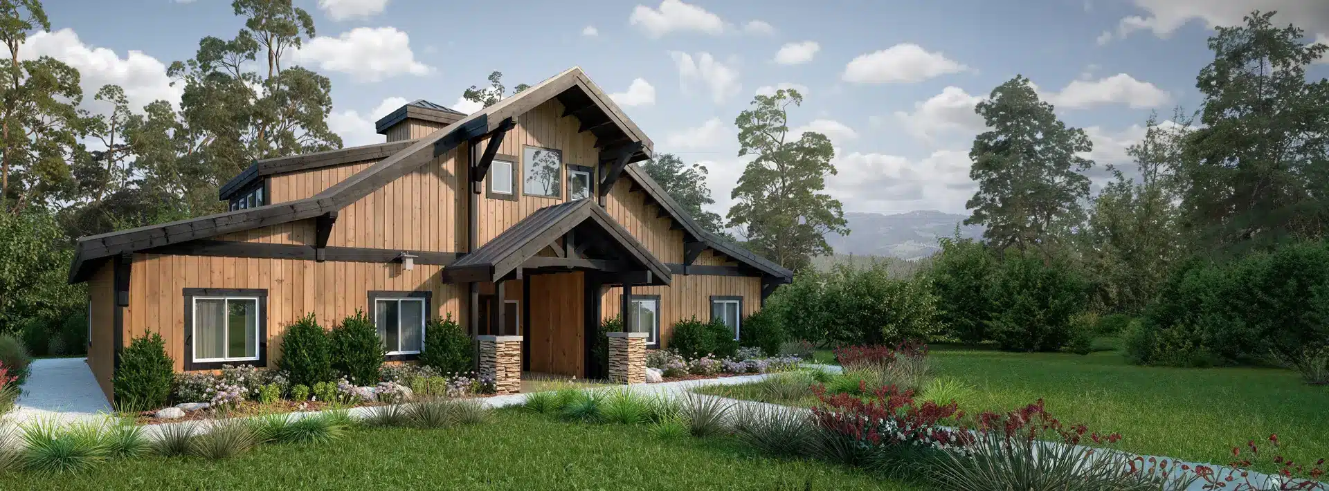 A rustic wooden house with a gabled roof sits amid green grass, landscaped gardens, and tall trees under a partly cloudy sky.