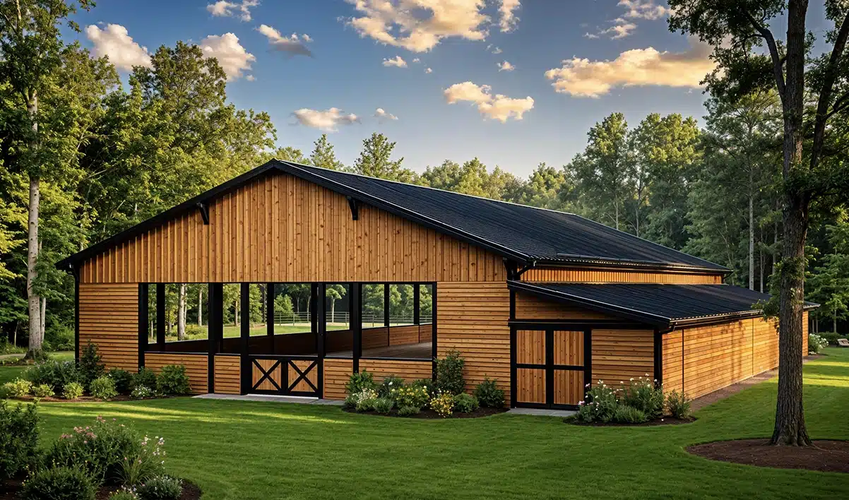 A large, open wooden barn with a black metal roof stands on a manicured lawn, surrounded by trees and flowerbeds under a blue sky.