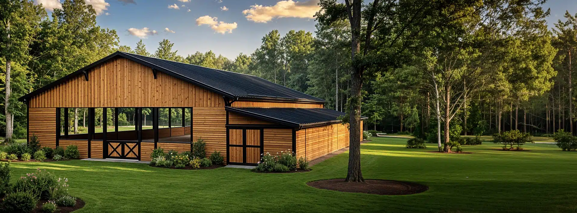A large wooden barn with black trim sits on a green lawn among trees, flowers, and landscaped gardens under a sunset sky.