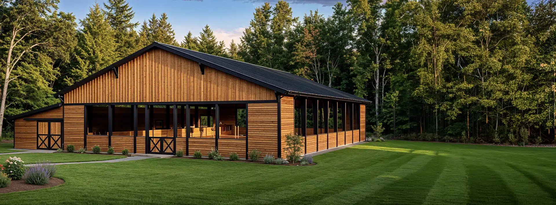 A large, modern wooden barn with open sides sits on a neatly mowed green lawn, surrounded by tall trees under a blue sky.
