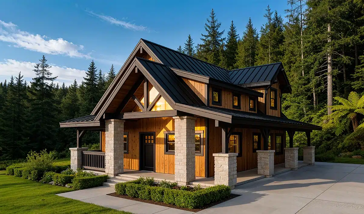 A modern cabin-style house with wooden siding, black metal roof, large windows, green grass, bushes, and tall trees under a blue sky.