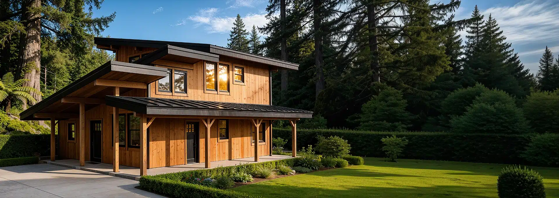 A modern wooden house with large windows sits among tall trees, manicured lawn, landscaped garden, and covered porch under a blue sky.