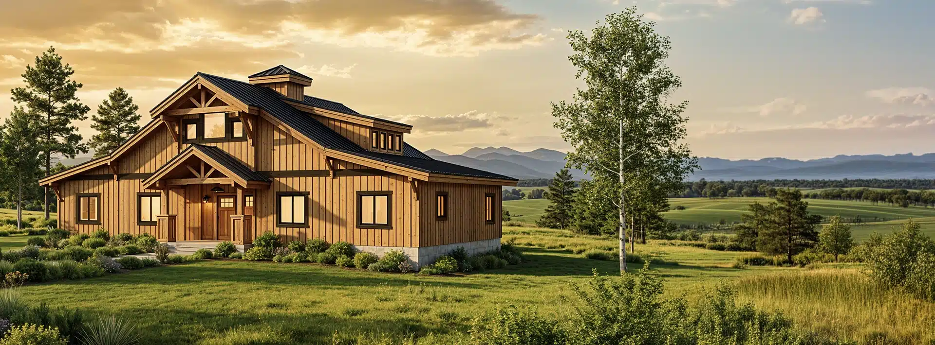 A modern wooden farmhouse with large windows on a lush lawn, surrounded by trees; rolling hills and mountains under a golden sky.