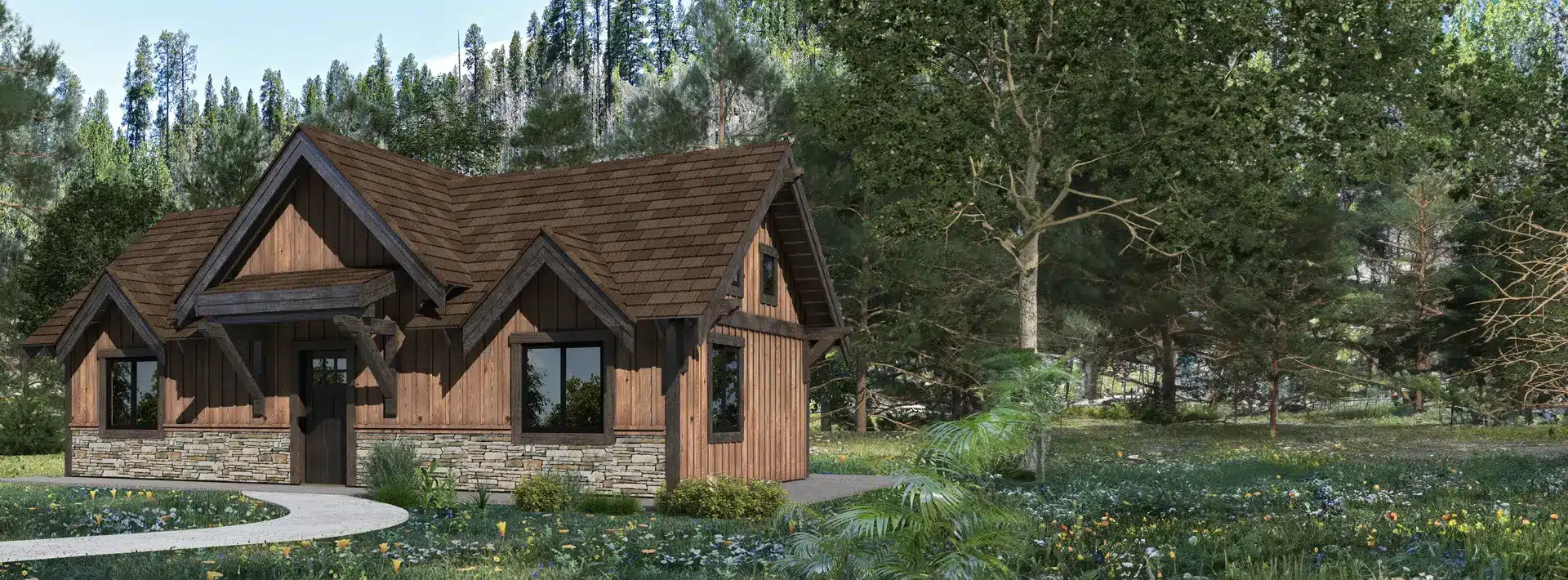A small wooden cabin with stone accents and a brown roof sits in a green forest clearing surrounded by tall trees and wildflowers.