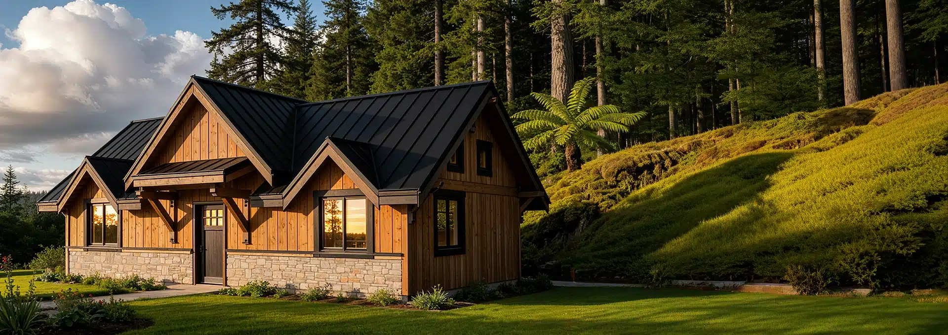 A cozy wooden cottage with a dark metal roof sits on a green lawn by a forest, sunlight on windows and trees in the background.