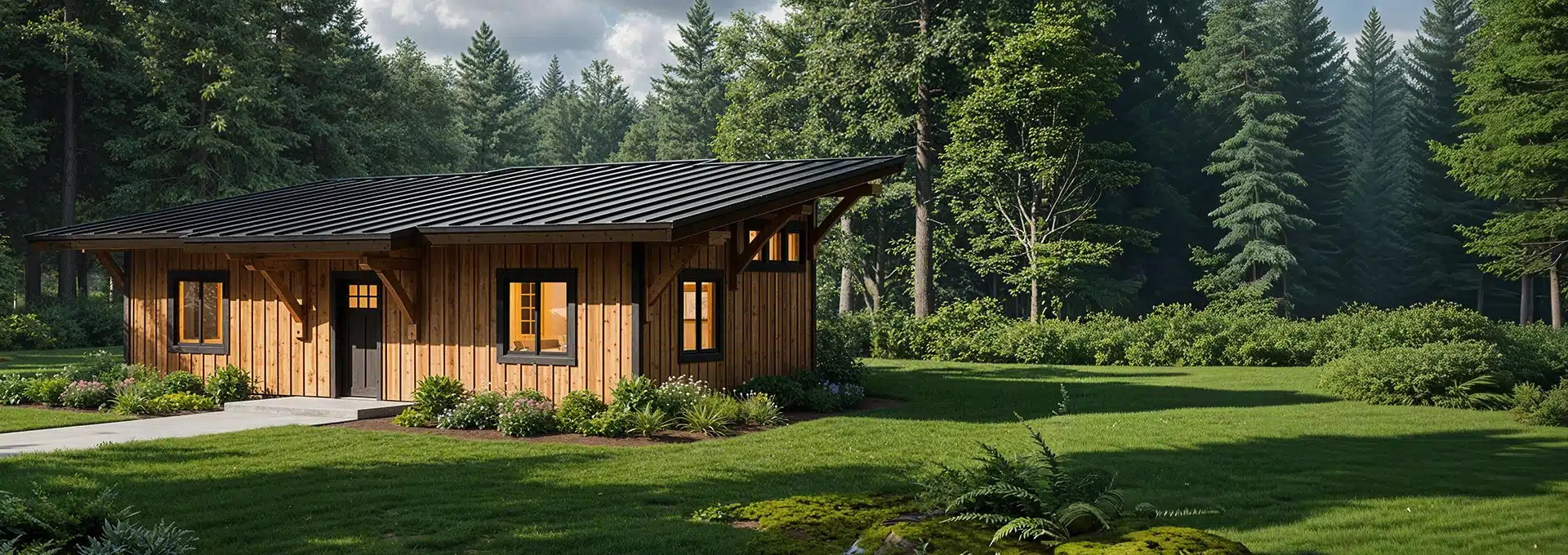 A small wooden cabin with a black metal roof is surrounded by green grass, bushes, and tall pines, sunlight filtering behind.