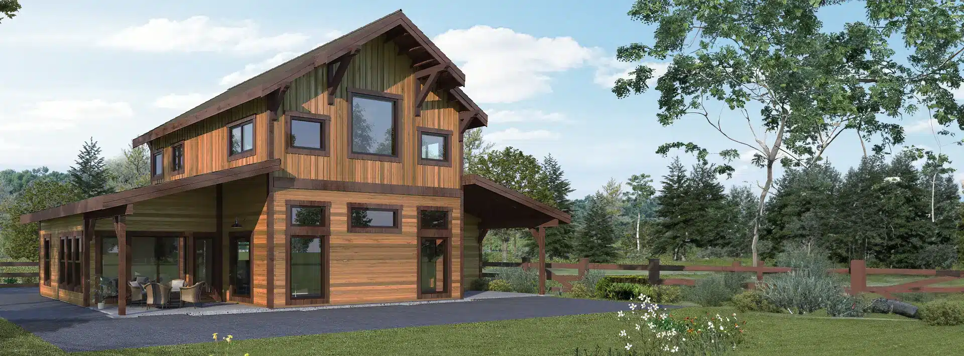 A modern two-story wooden house with large windows and a sloped roof sits amid green grass, trees, a fence, and blue sky.