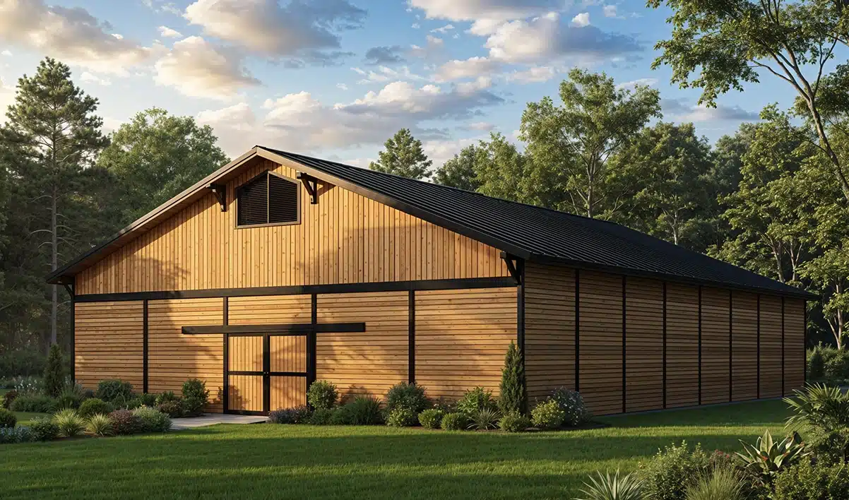 A large wooden barn with a black metal roof sits among green grass, shrubs, and trees under a partly cloudy sky with sunlight.