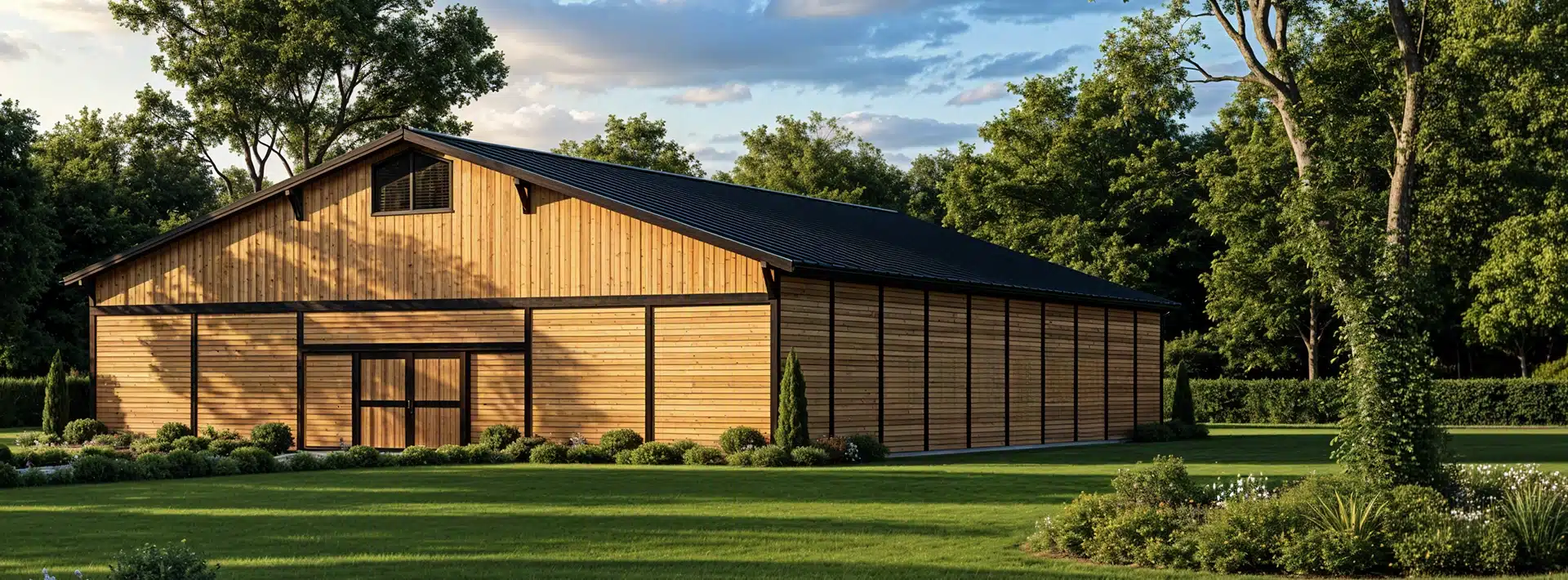 A large wooden barn with a black roof sits on a manicured green lawn, surrounded by neatly trimmed bushes and tall trees under a partly cloudy sky.
