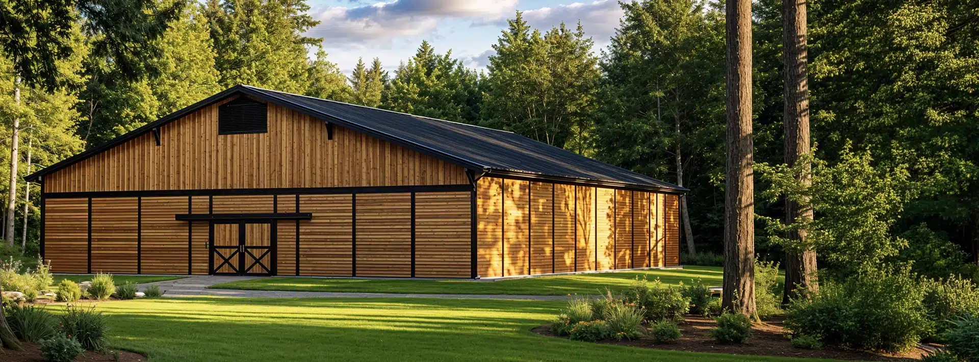 A large wooden barn with dark trim sits on well-manicured grass, surrounded by lush green trees and landscaping, under a partly cloudy sky.