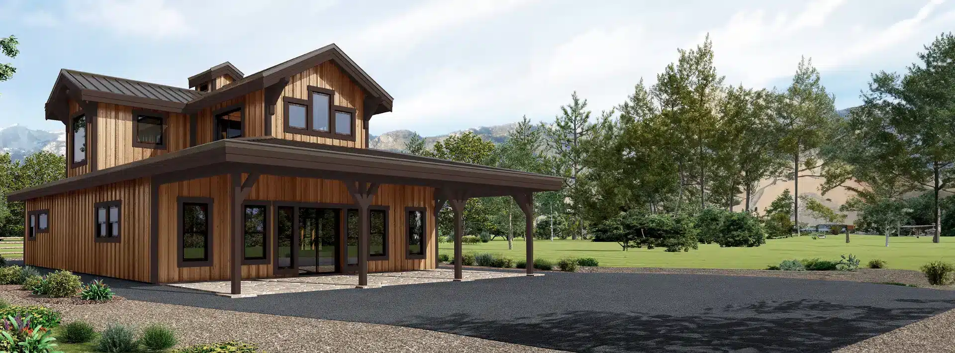 A modern two-story wooden house with large windows and a porch sits on a paved driveway, surrounded by grass, trees, and mountains.