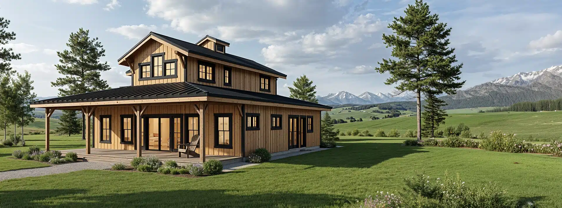 A modern wooden farmhouse with black trim sits on a green lawn with trees, bushes, snow-capped mountains, and a blue sky beyond.