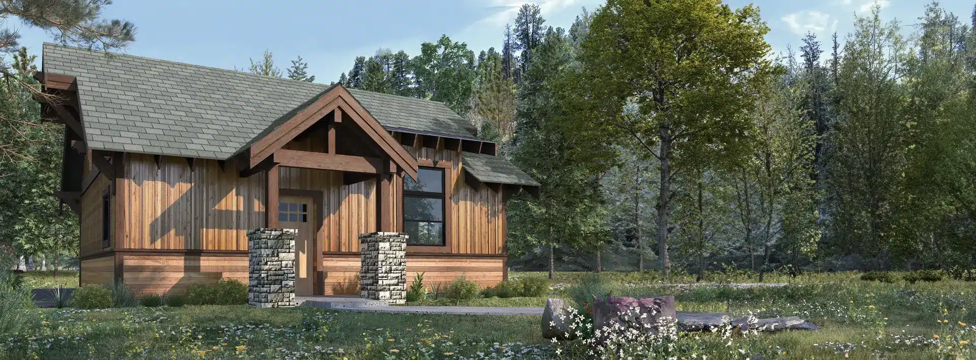 A small wooden cabin with a gabled roof and stone pillars stands in a grassy clearing with trees and wildflowers under a partly cloudy sky.