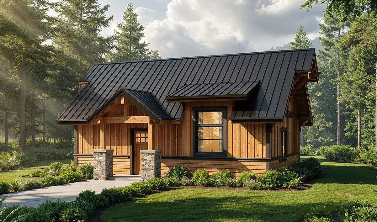 A cozy wooden cabin with a dark metal roof sits in a lush forest, featuring a porch, stone pillars, and large windows nearby greenery.