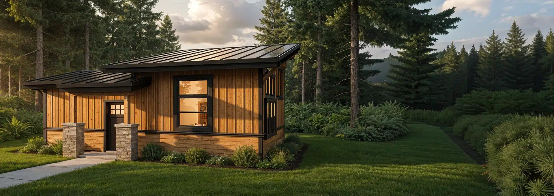 A small modern cabin with wood siding and a metal roof sits among tall trees, a stone pathway leading to the entrance in sunlight.