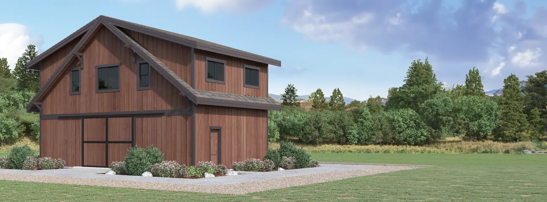 A modern two-story barn-style building with brown wood siding, surrounded by landscaping, sits on a grassy lot under a cloudy sky.