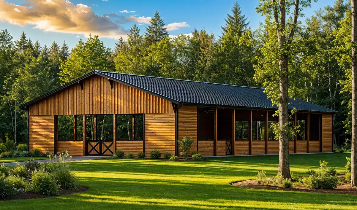 A large wooden barn with a black metal roof stands on a manicured lawn, surrounded by trees and greenery under a sunset sky.