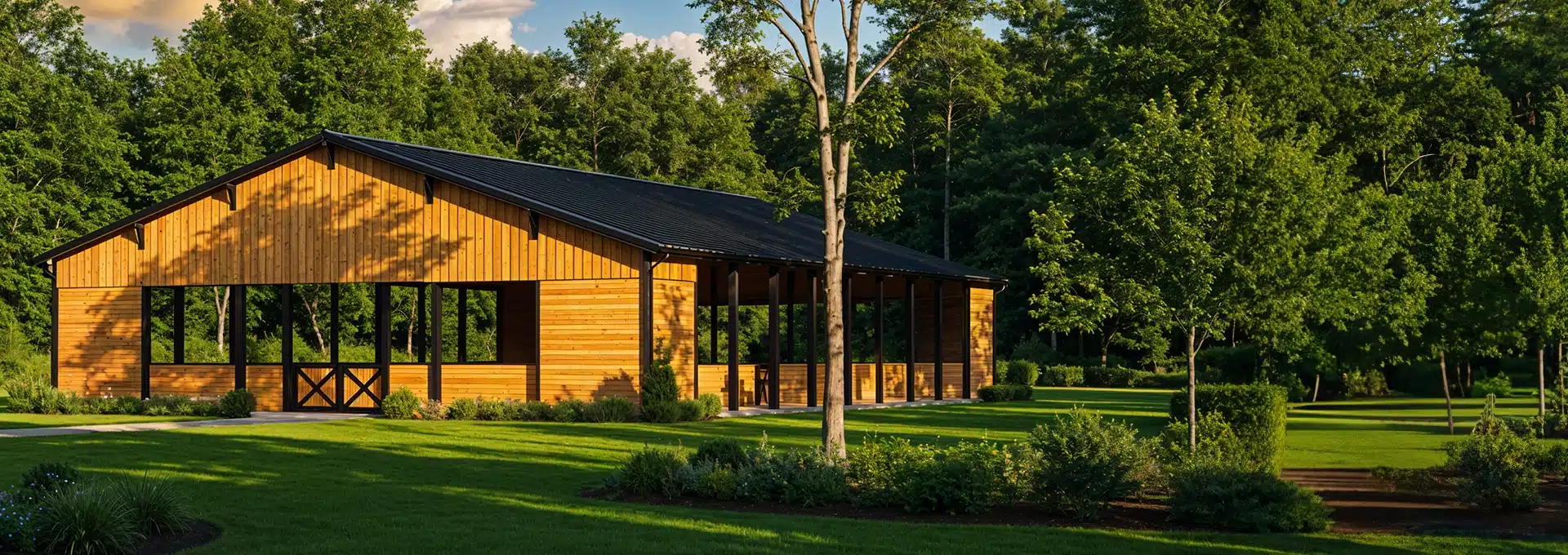 A large wooden pavilion with open sides stands on a well-manicured lawn, surrounded by lush green trees under a partly cloudy sky.