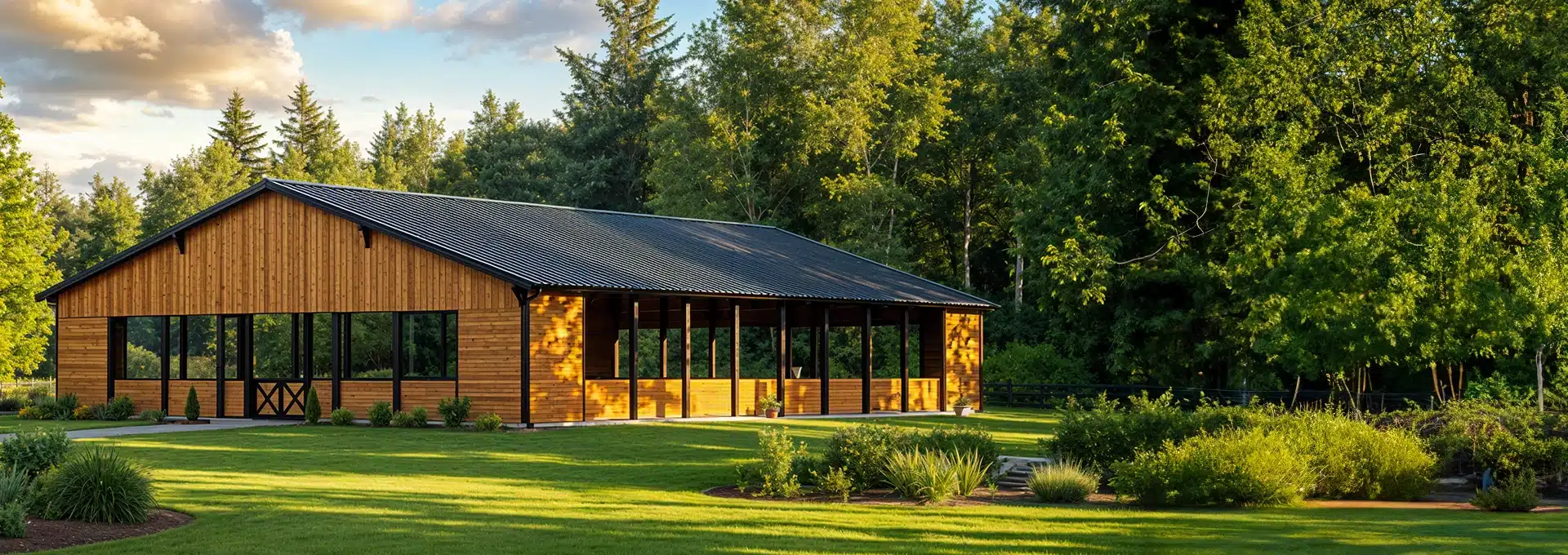 A large wooden barn with a black metal roof sits on a manicured lawn, surrounded by green trees and shrubs under a partly cloudy sky.