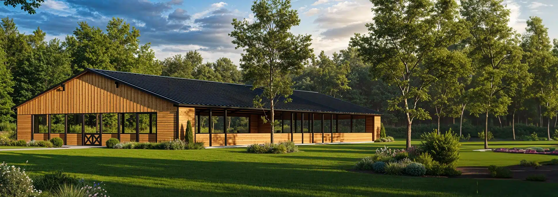 A modern wooden barn with large glass windows sits in a green, landscaped yard surrounded by trees under a partly cloudy sky.