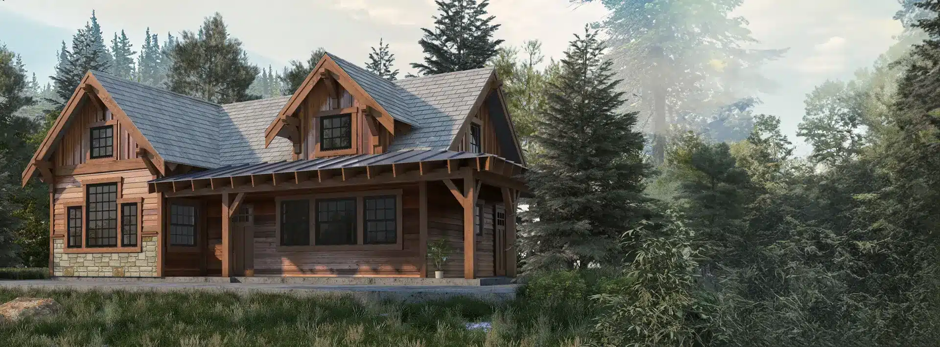 A rustic wooden cabin with stone accents, a peaked roof, and large windows is surrounded by dense pine trees and greenery.