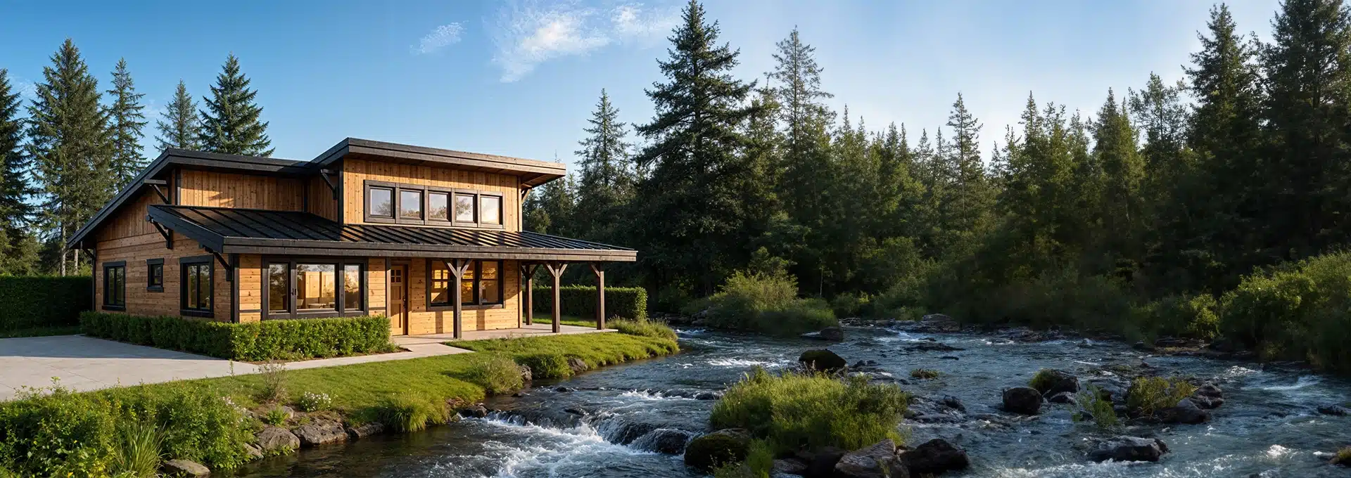 A modern wooden house with large windows sits beside a flowing river, surrounded by lush grass and tall pine trees under a blue sky.