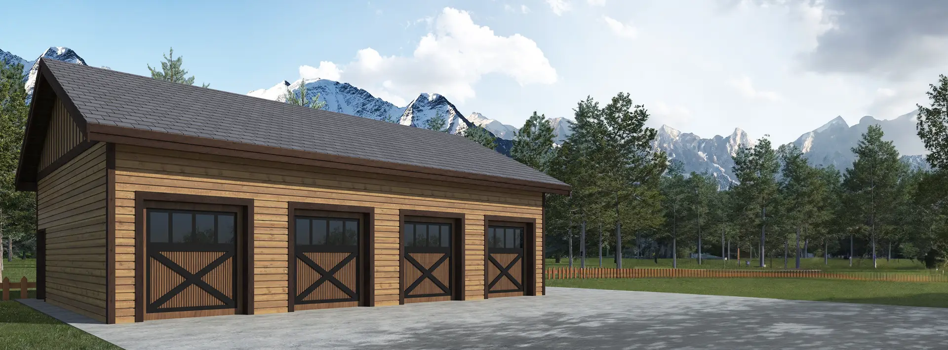 A wooden four-car garage with dark trim sits on a concrete driveway, surrounded by grass, trees, and distant mountains.