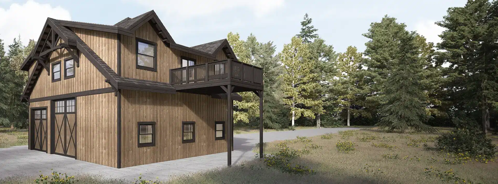 A two-story wooden house with a post and beam structure, barn-style door, and balcony stands on a driveway with trees and wildflowers.